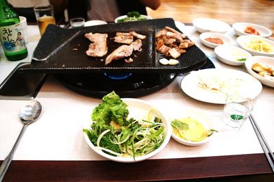 Close-up of served food on table