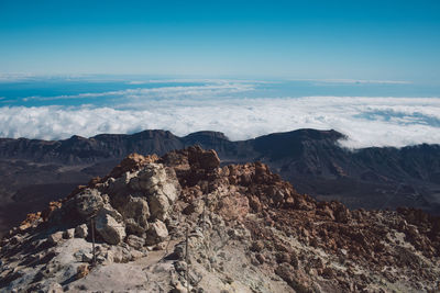 Panoramic view of dramatic landscape against sky