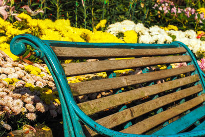 High angle view of bench in park
