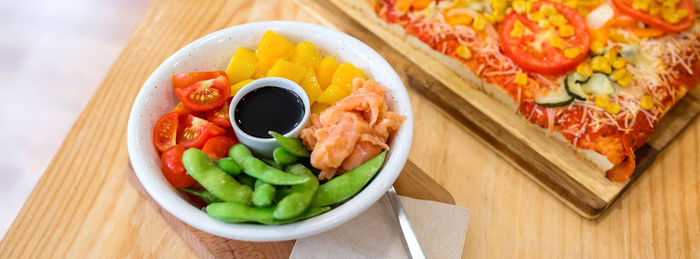 High angle view of food on table