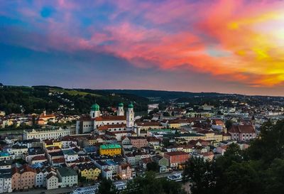 High angle view of townscape against sky at sunset