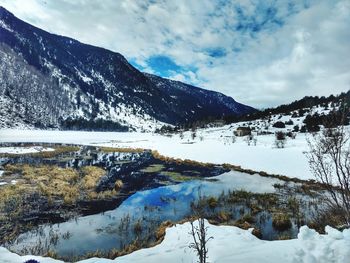 Scenic view of snowcapped mountains and lake against sky