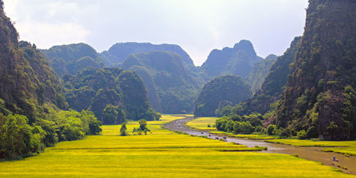 Scenic view of landscape and mountains against sky