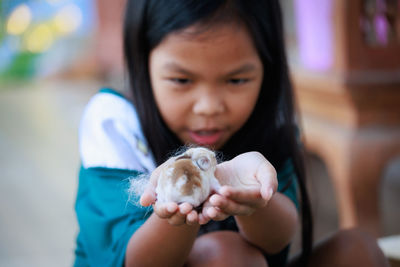 Girl holding baby rabbit in hand