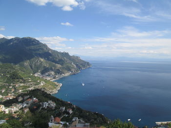 High angle view of townscape by sea against sky