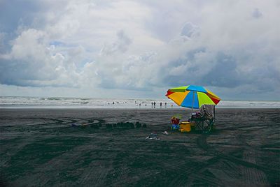 People on beach during rainy day