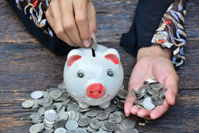 Cropped hands of woman holding money by piggy bank on wooden table