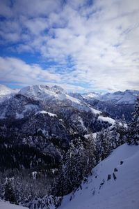 Scenic view of snow covered mountains against sky