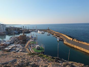 High angle view of sea against clear sky