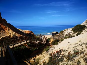 High angle view of beach against blue sky