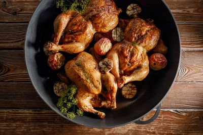 High angle view of food in plate on table