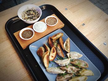 High angle view of meal served on table