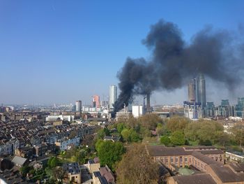 Smoke emitting from factory against clear sky