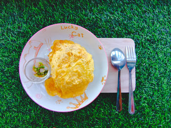 High angle view of breakfast served on table