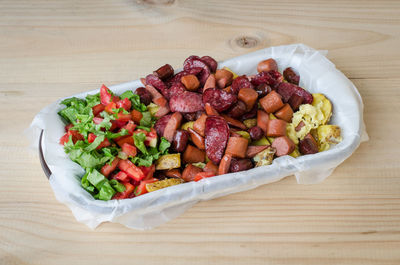 High angle view of salad in plate on table