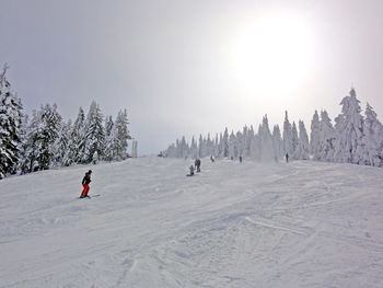 People skiing on snowy landscape against clear sky