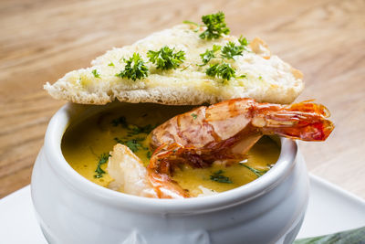 High angle view of food in bowl on table