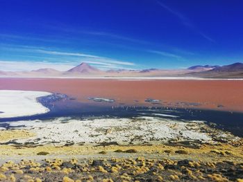 Scenic view of snowcapped mountains against blue sky