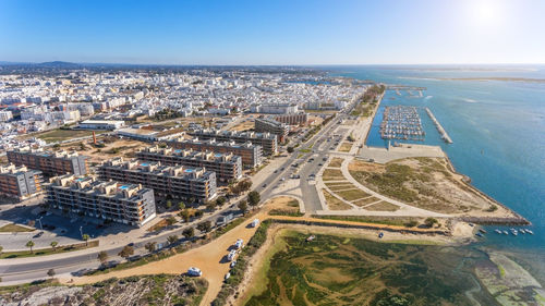 High angle view of city buildings