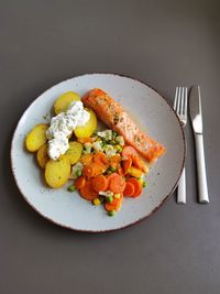 High angle view of salad in plate on table