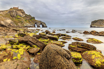 Rocks in sea against sky