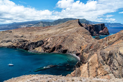 Panoramic view of sea and mountains against sky