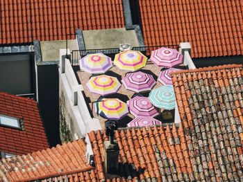 High angle view of multi colored roof outside building