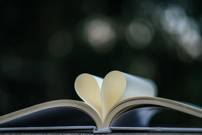 Close-up of papers in heart shape on book