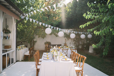 Table and chairs in back yard