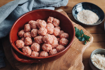 High angle view of meat in container on table