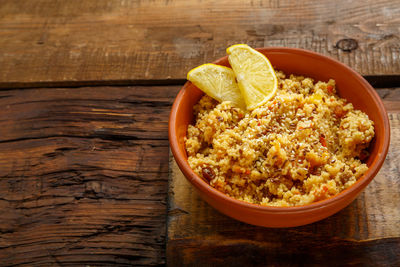 High angle view of food in bowl on table