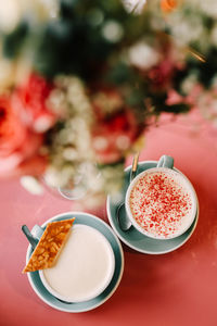 High angle view of breakfast on table