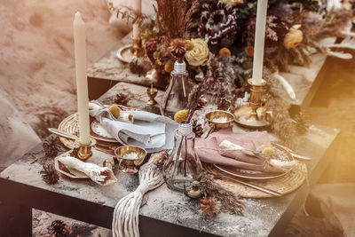 High angle view of shells on table