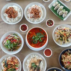 High angle view of food served on table