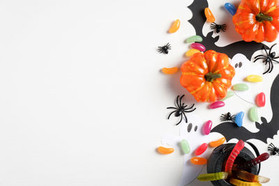 High angle view of orange flowers on table