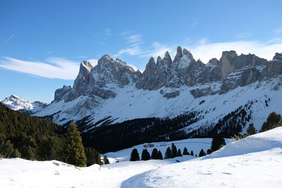 Scenic view of snow covered mountains against sky