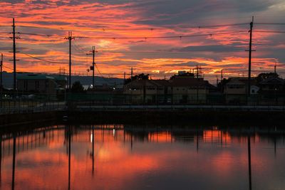 Reflection of buildings in lake during sunset