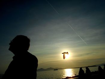 Side view of a bird flying over calm water