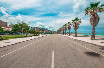 Road by palm trees against sky