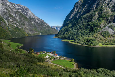 Scenic view of lake and mountains against sky