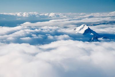 Low angle view of snowcapped mountains against sky