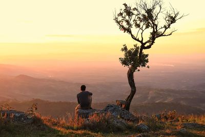 Rear view of man looking at sunset