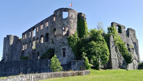 Low angle view of historical building against clear sky