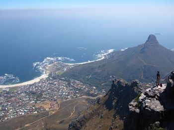 Scenic view of sea and mountain against sky