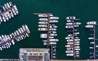 Top view of boats moored at marina
