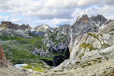 Tre cime heaven landscape from cengia lake, dolomite alps, trentino alto adige, italy