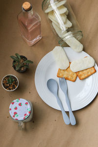 High angle view of dessert in plate on table