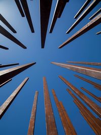 Low angle view of buildings against clear blue sky
