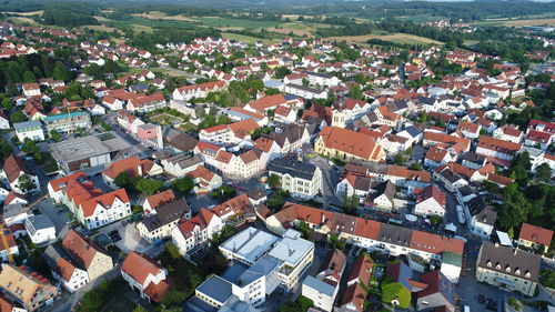 High angle view of houses in town