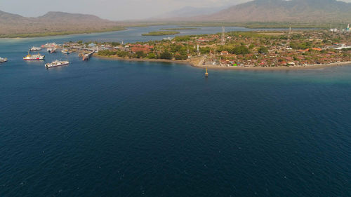 High angle view of sea and mountains